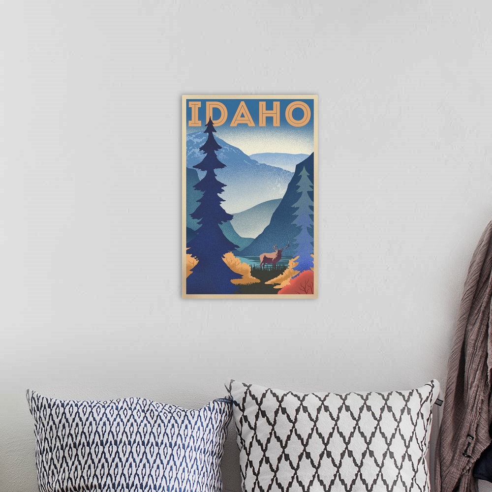 A bohemian room featuring Idaho - Elk & Mountain Scene - Lithograph