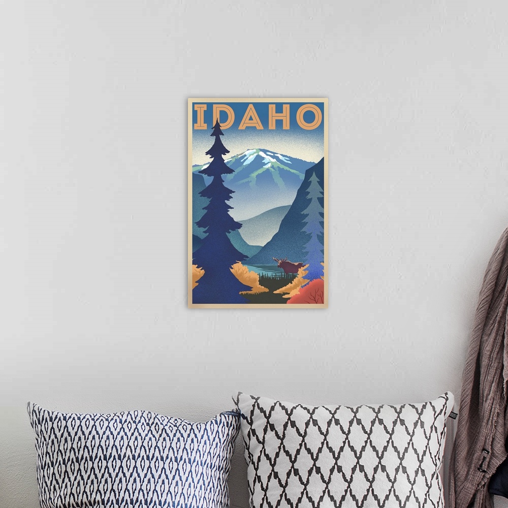 A bohemian room featuring Idaho - Moose & Mountain - Lithograph
