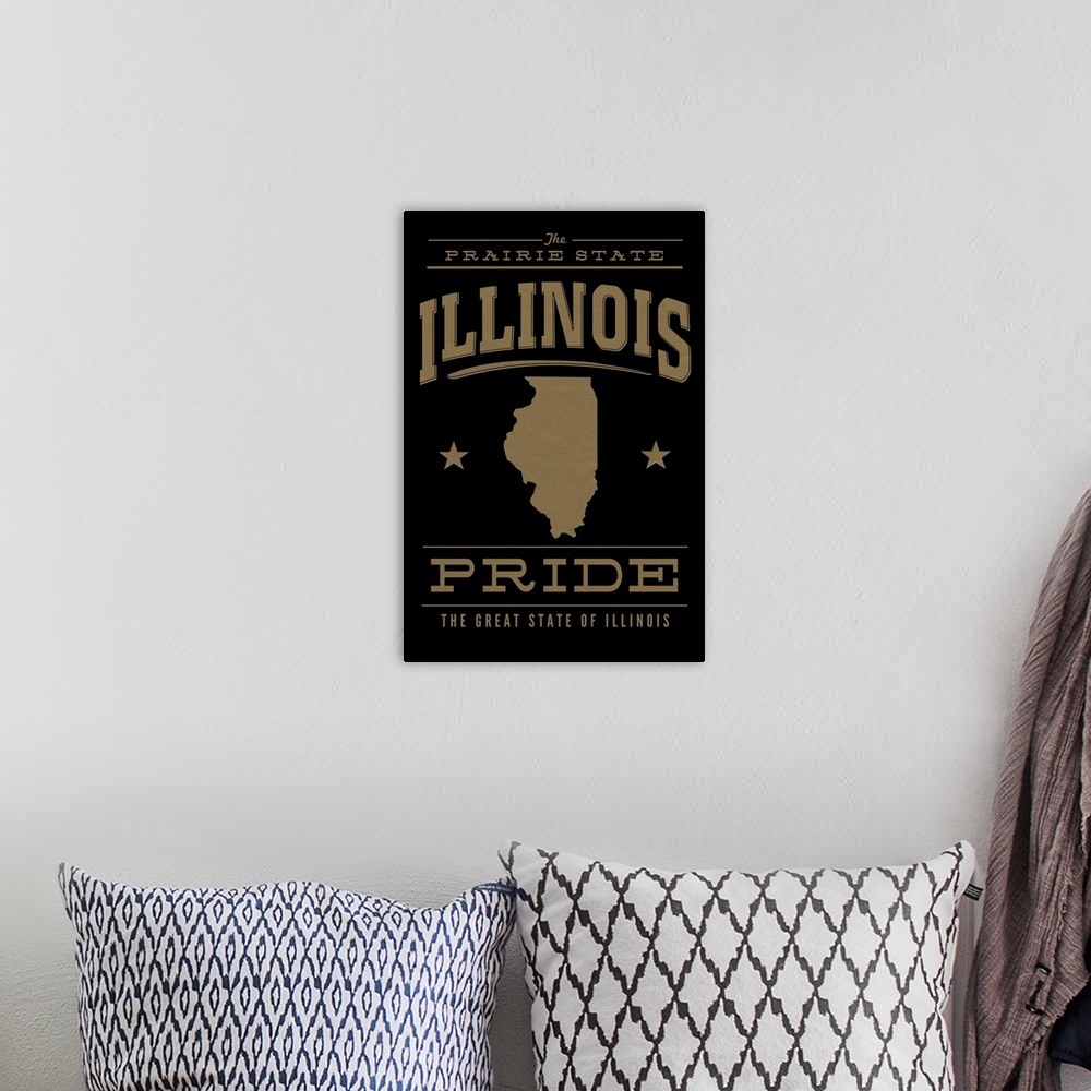 A bohemian room featuring The Illinois state outline on black with gold text.