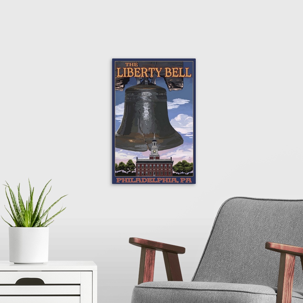 A modern room featuring Independence Hall and Liberty Bell - Philadelphia, Pennsylvania: Retro Travel Poster