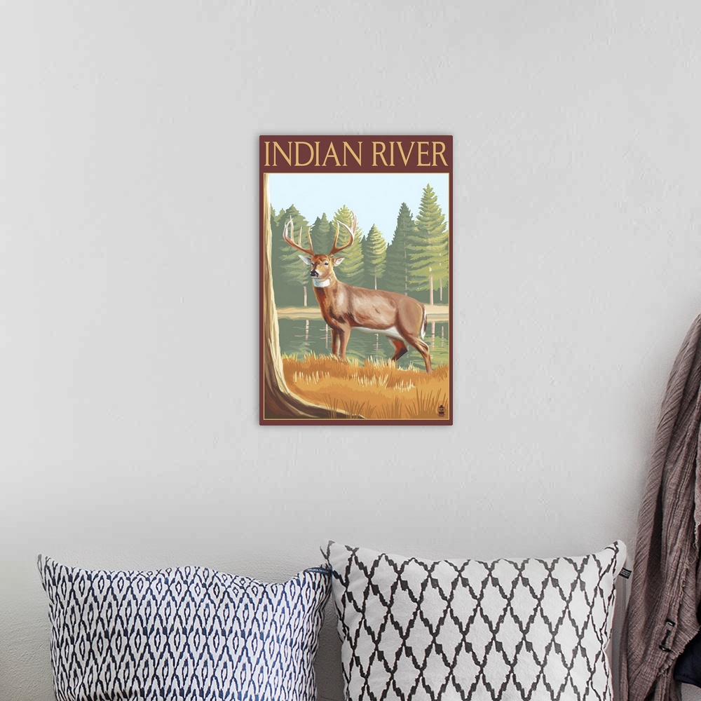 A bohemian room featuring Retro stylized art poster of a deer near a lake in a forest clearing.