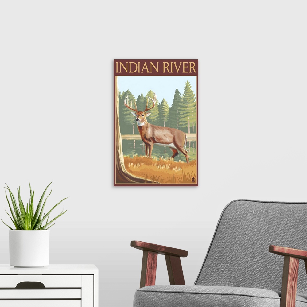 A modern room featuring Retro stylized art poster of a deer near a lake in a forest clearing.