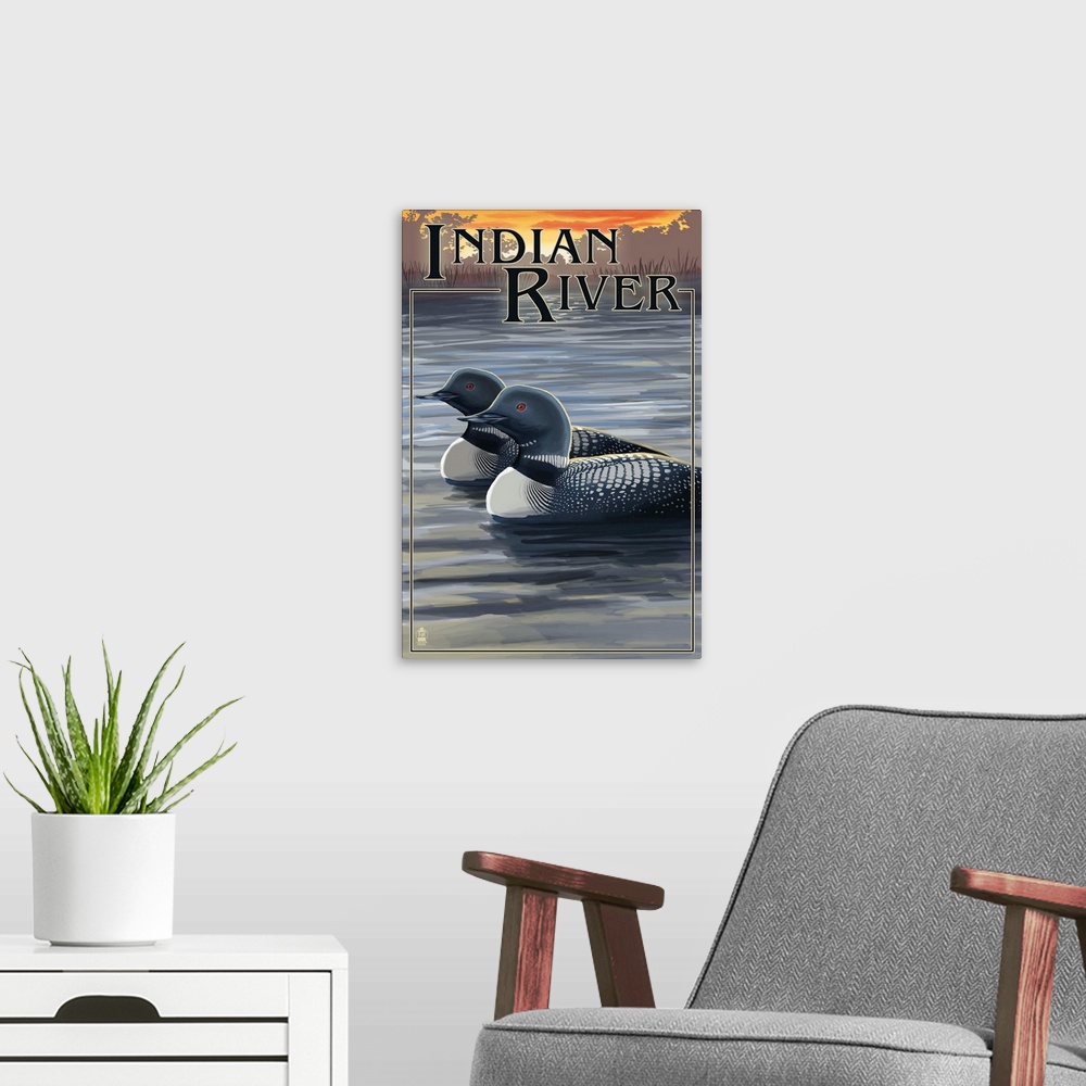 A modern room featuring Retro stylized art poster of two loons on a lake at sunset.