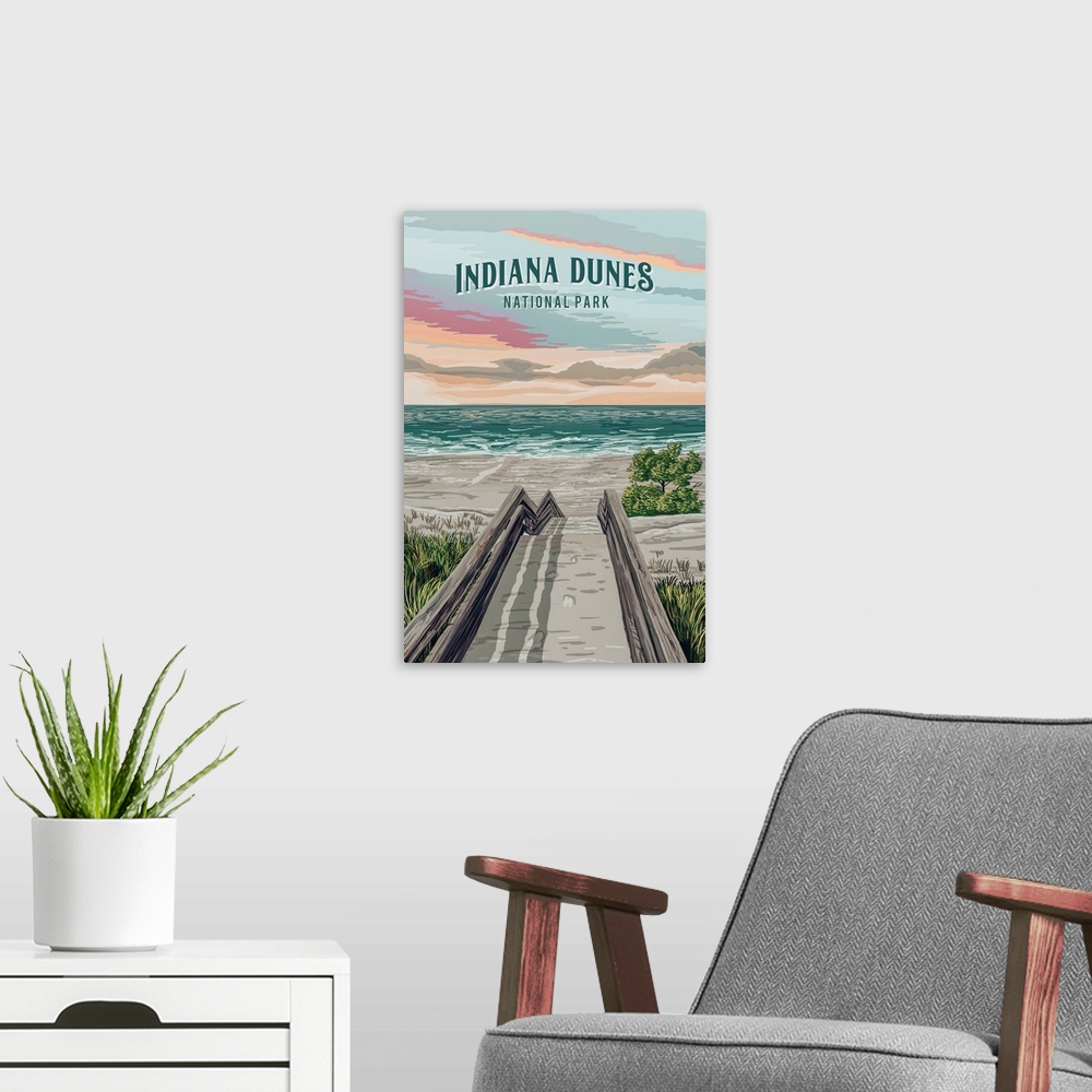 A modern room featuring Indiana Dunes National Park, Boardwalk: Retro Travel Poster