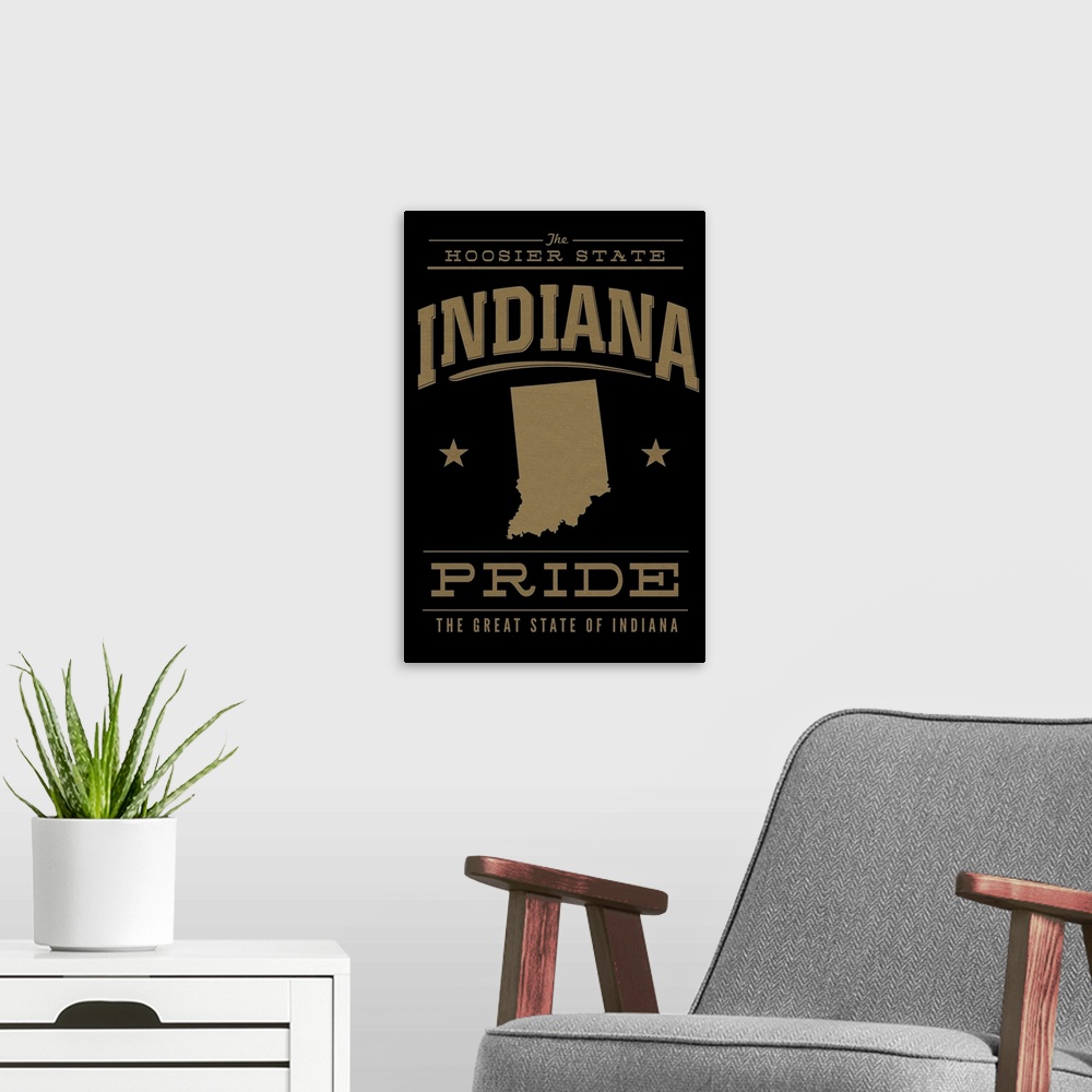 A modern room featuring The Indiana state outline on black with gold text.