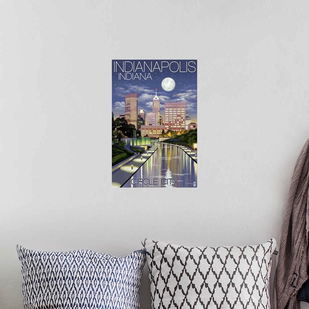 A bohemian room featuring Indianapolis, Indiana - Indianapolis at Night Circle City: Retro Travel Poster