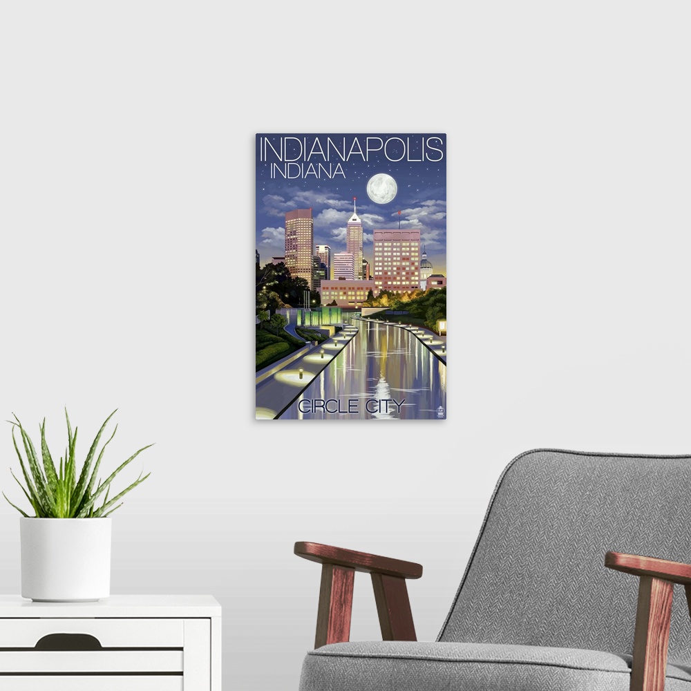 A modern room featuring Indianapolis, Indiana - Indianapolis at Night Circle City: Retro Travel Poster
