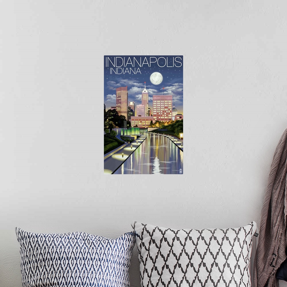 A bohemian room featuring Indianapolis, Indiana - Indianapolis at Night: Retro Travel Poster