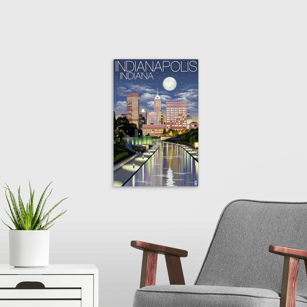 A modern room featuring Indianapolis, Indiana - Indianapolis at Night: Retro Travel Poster