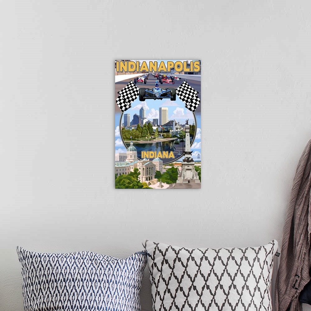 A bohemian room featuring Retro stylized art poster of city scenes with race cars on a track, and views of a city.