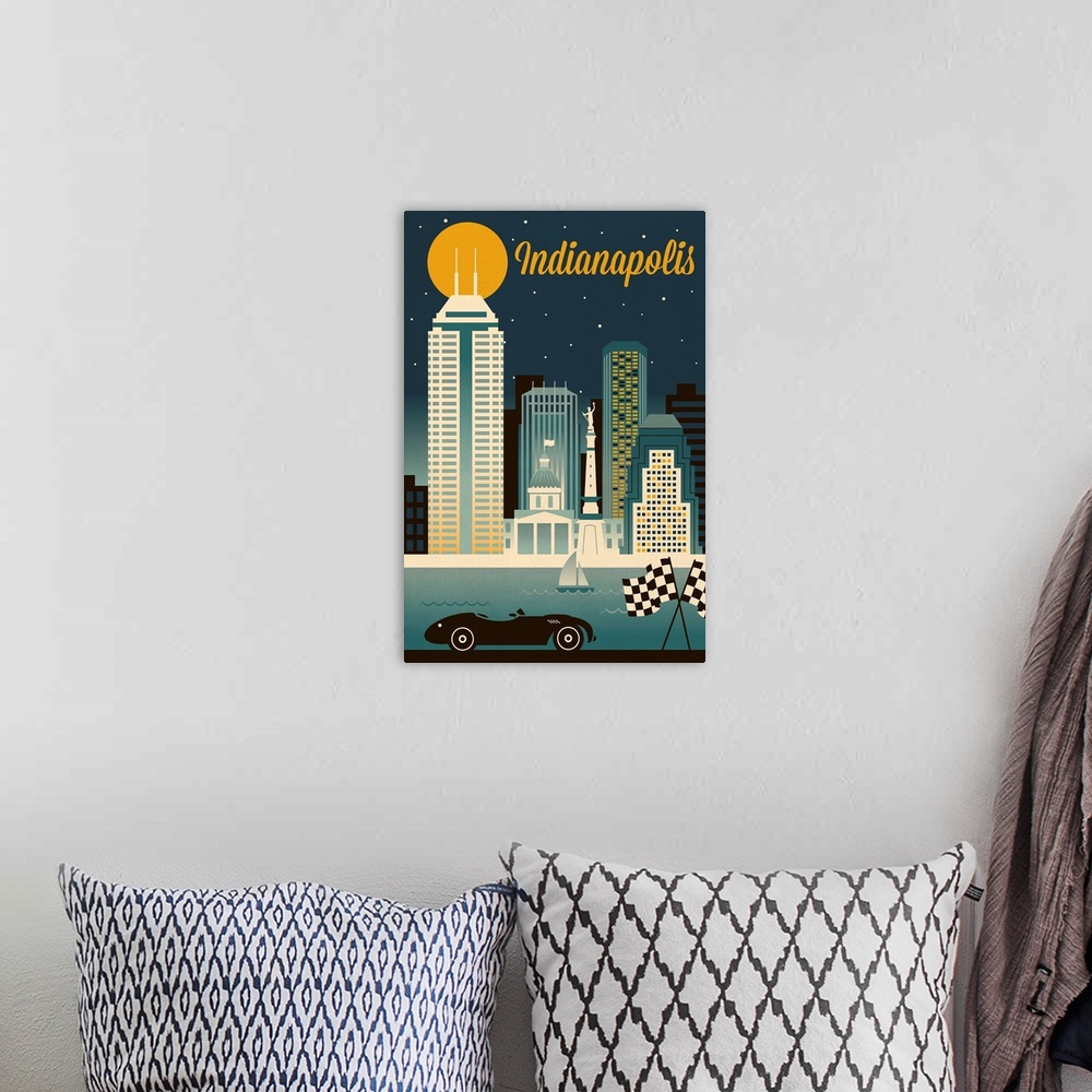 A bohemian room featuring Indianapolis, Indiana - Retro Skyline Series
