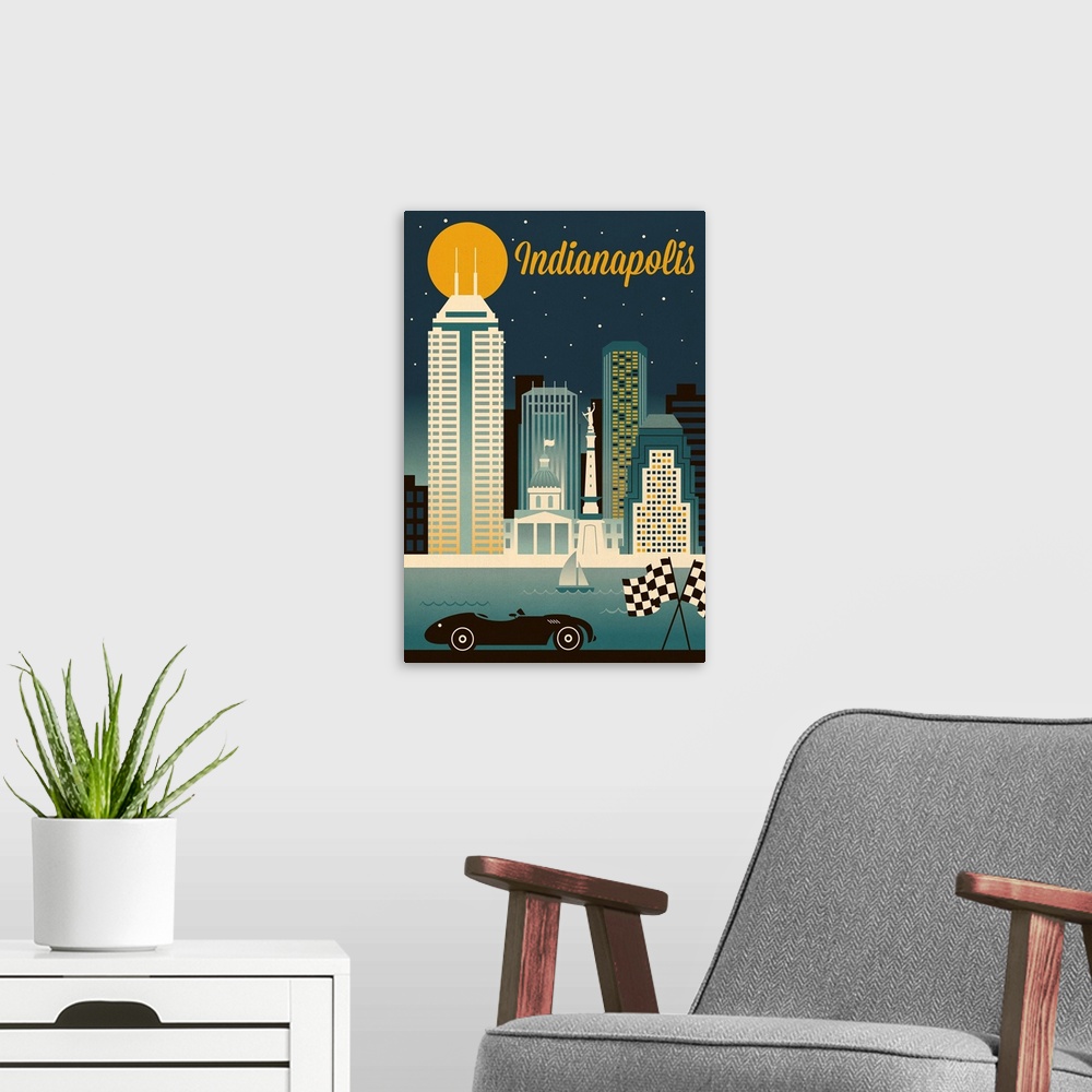 A modern room featuring Indianapolis, Indiana - Retro Skyline Series