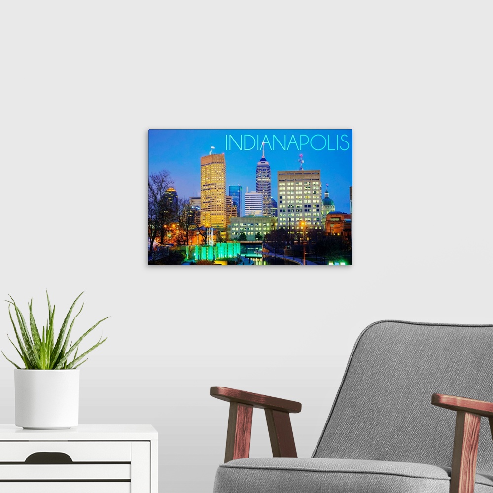 A modern room featuring Indianapolis, Indiana, Skyline at Night