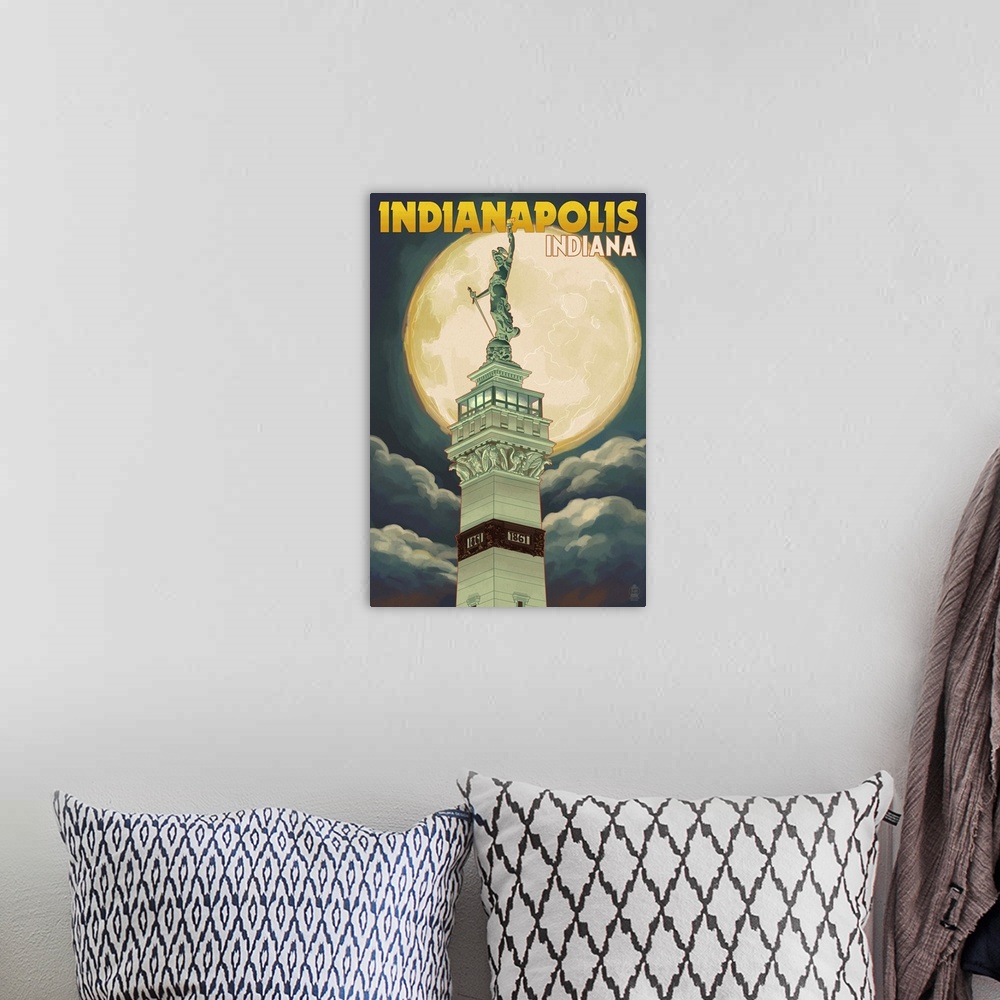 A bohemian room featuring Indianapolis, Indiana - Soldiers' and Sailors' Monument and Moon- : Retro Travel Poster