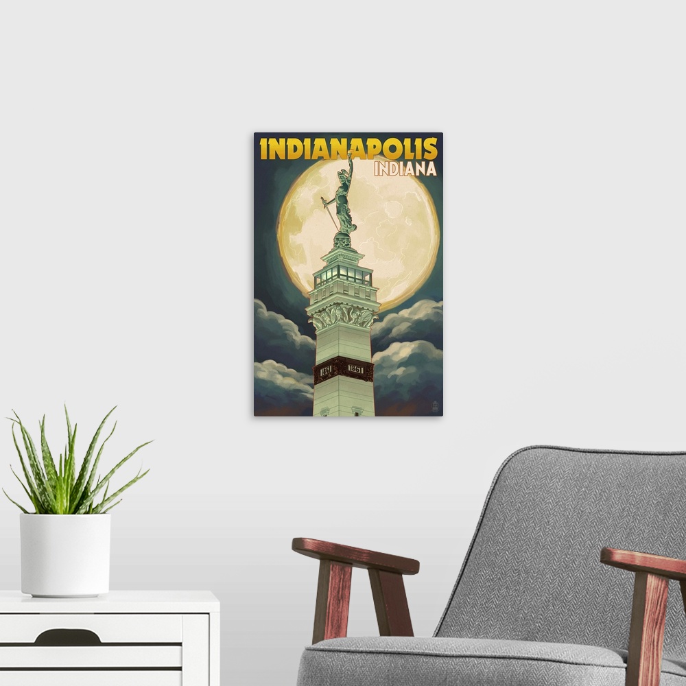 A modern room featuring Indianapolis, Indiana - Soldiers' and Sailors' Monument and Moon- : Retro Travel Poster