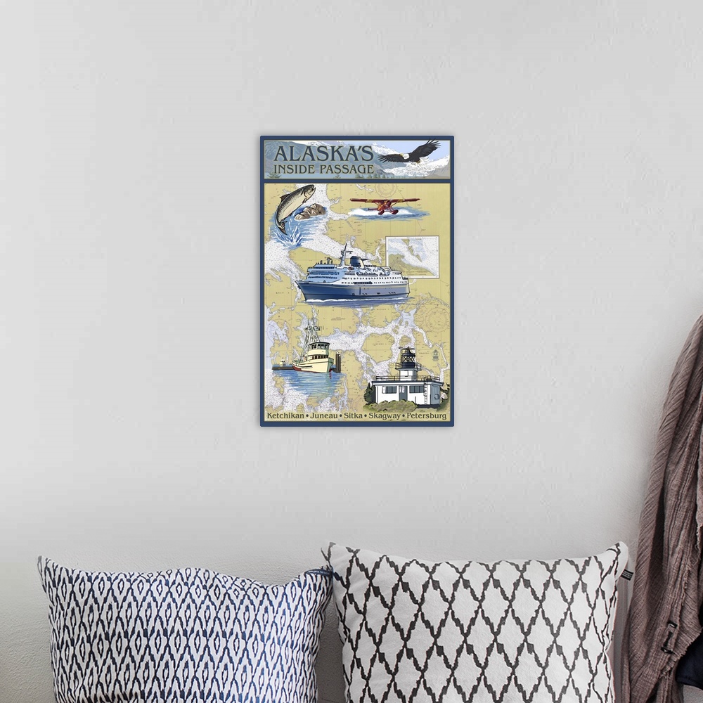 A bohemian room featuring Inside Passage, Alaska - Nautical Chart: Retro Travel Poster