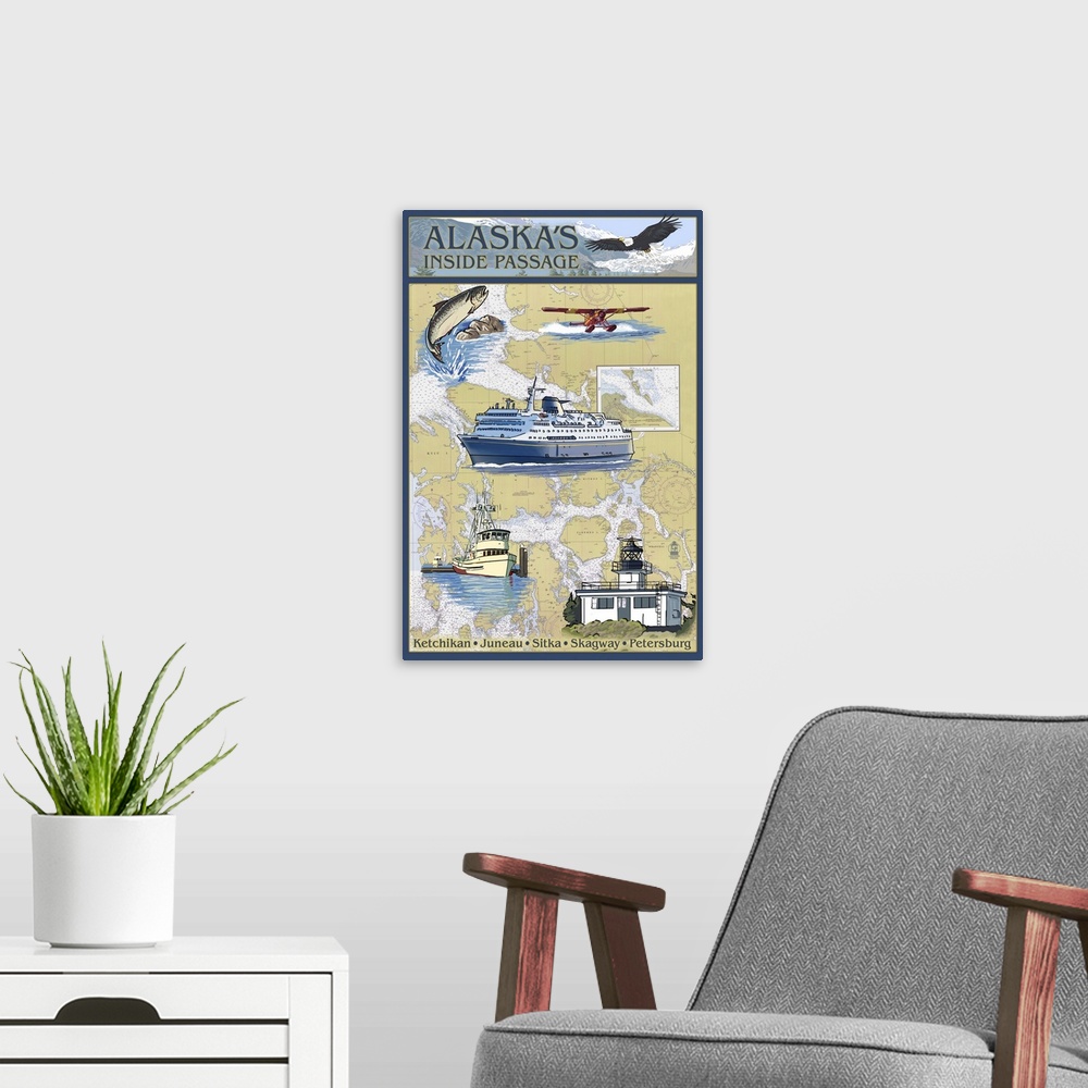 A modern room featuring Inside Passage, Alaska - Nautical Chart: Retro Travel Poster