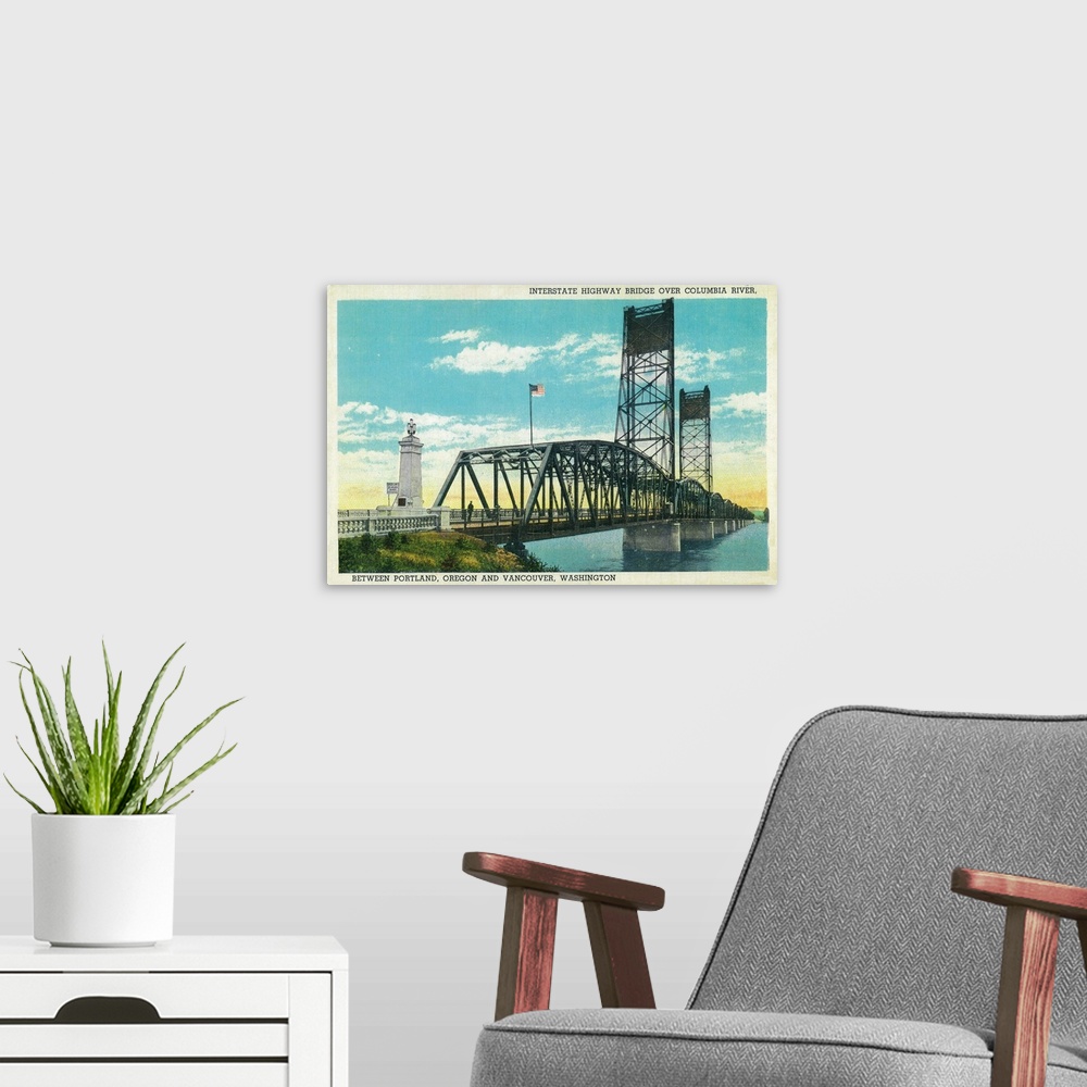 A modern room featuring Interstate Highway Bridge over Columbia River, Portland, OR