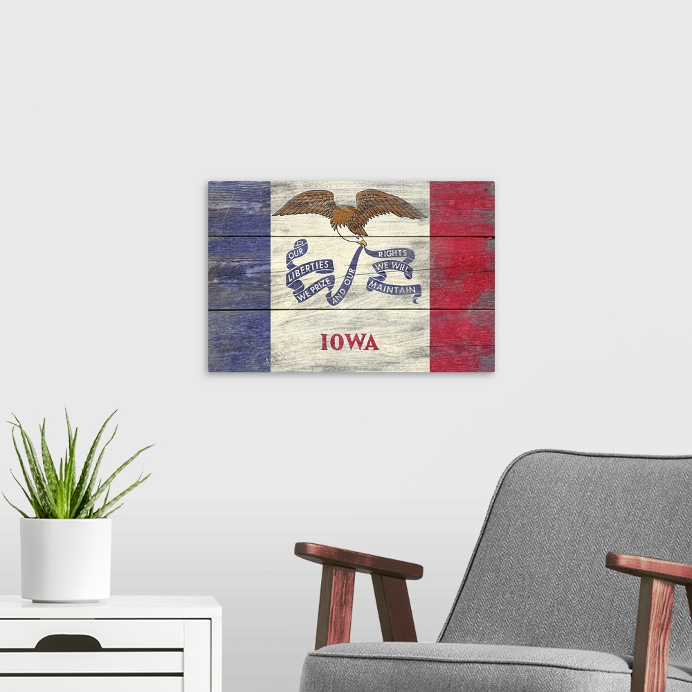 A modern room featuring The flag of Iowa with a weathered wooden board effect.