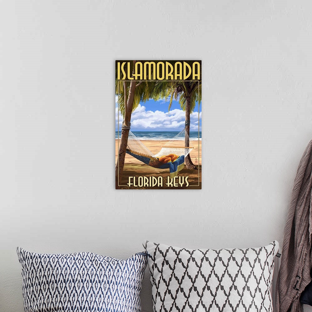 A bohemian room featuring A retro stylized art poster that is an illustration of a hammock hanging between two palm trees o...
