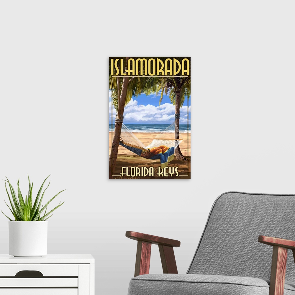 A modern room featuring A retro stylized art poster that is an illustration of a hammock hanging between two palm trees o...