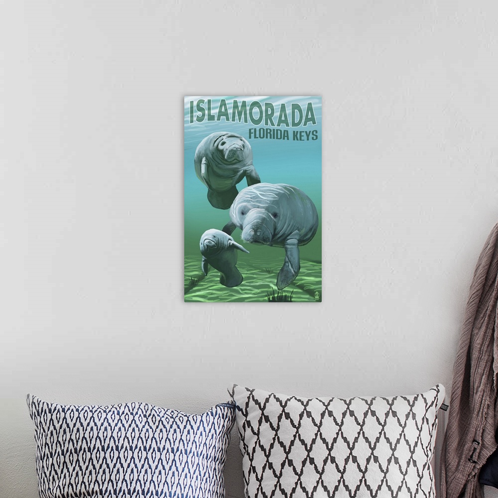 A bohemian room featuring Retro stylized art poster of a manatee family floating in clear water near the ocean floor.