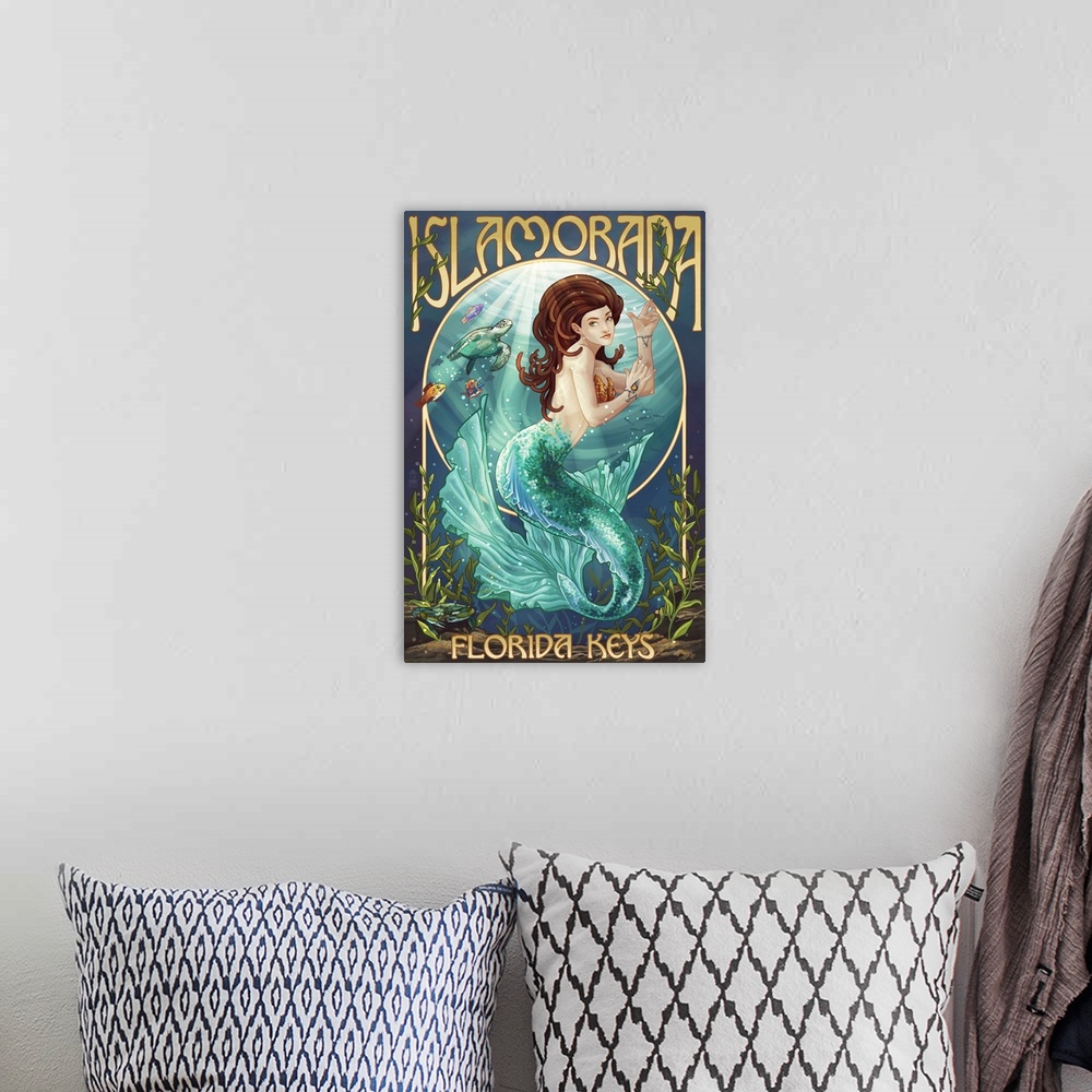 A bohemian room featuring Art nouveau and retro stylized art of a mermaid surrounded by sea weeds, tropical fish, and a sea...