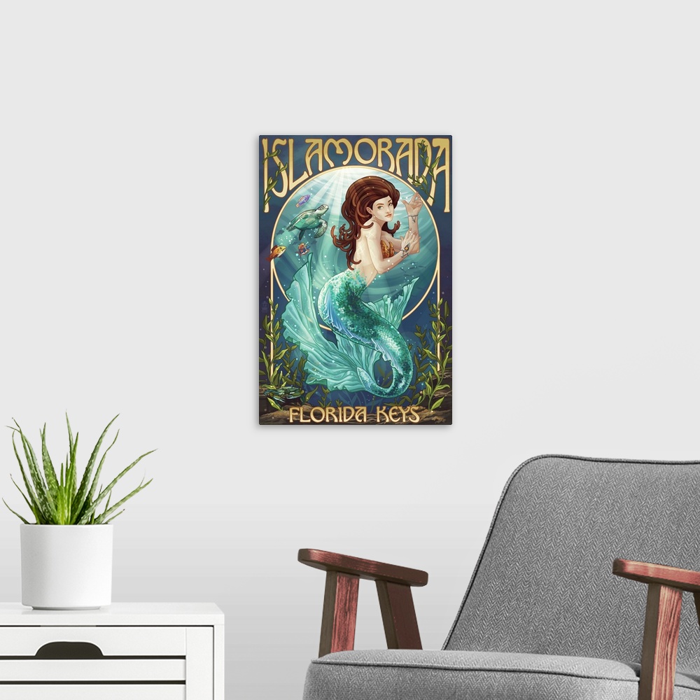 A modern room featuring Art nouveau and retro stylized art of a mermaid surrounded by sea weeds, tropical fish, and a sea...