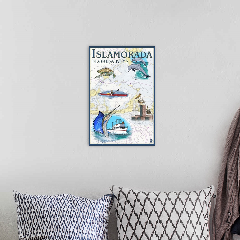A bohemian room featuring Retro stylized art poster of a local sea wildlife and a kayaker imposed of a map of this tropical...