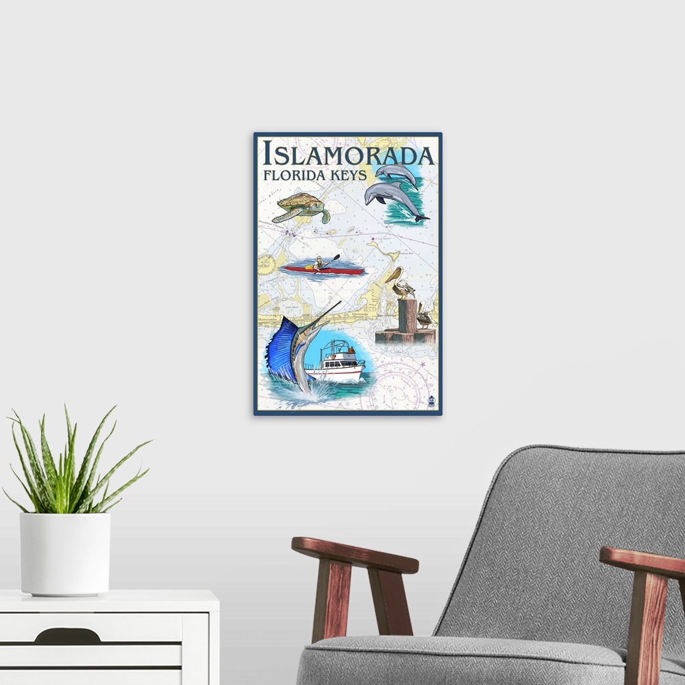A modern room featuring Retro stylized art poster of a local sea wildlife and a kayaker imposed of a map of this tropical...