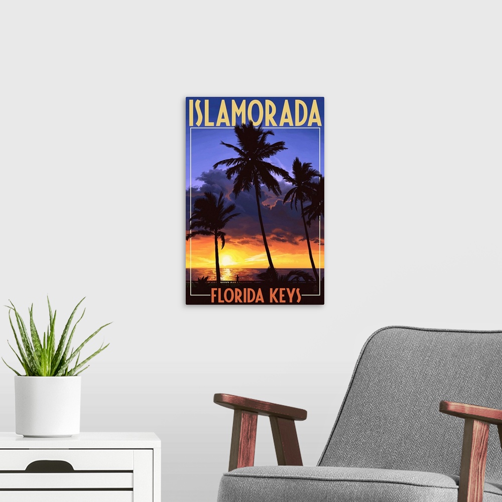 A modern room featuring A retro stylized art poster of three silhouetted palm trees on a beach at a sunset that illuminat...