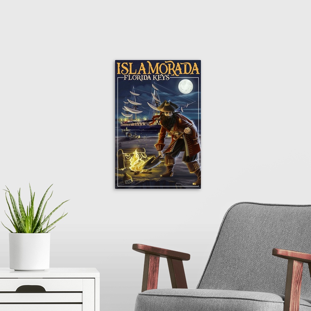 A modern room featuring Stylized art poster showing a pirate digging for gold and a tall ship in the background.
