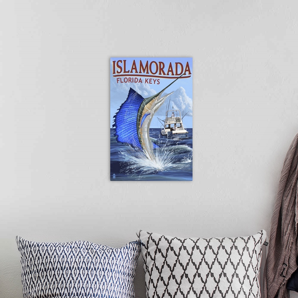 A bohemian room featuring Retro stylized art poster of a large sailfish leaping out of the water in front of a deep sea fis...