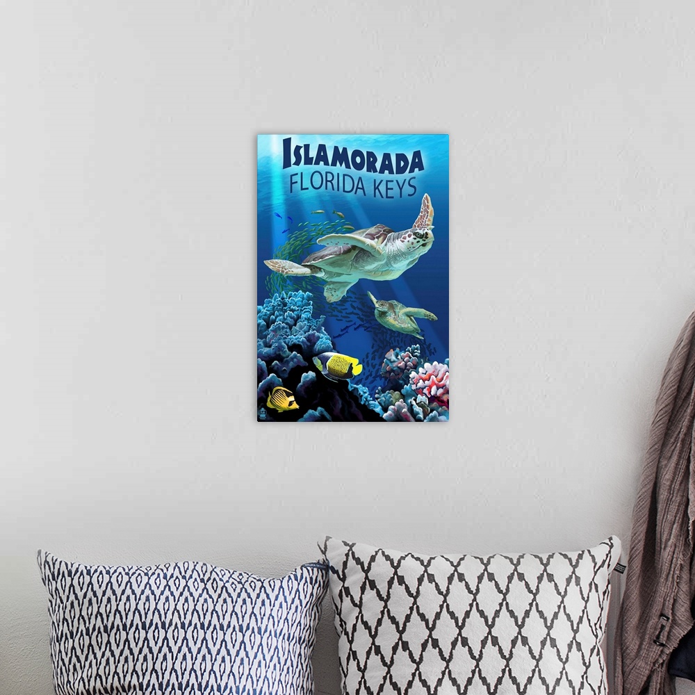 A bohemian room featuring A retro stylized art poster of seaturtles swimming through a coral reef with tropical fish.