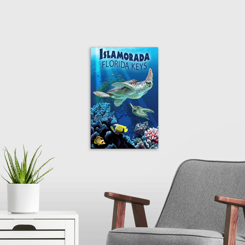 A modern room featuring A retro stylized art poster of seaturtles swimming through a coral reef with tropical fish.