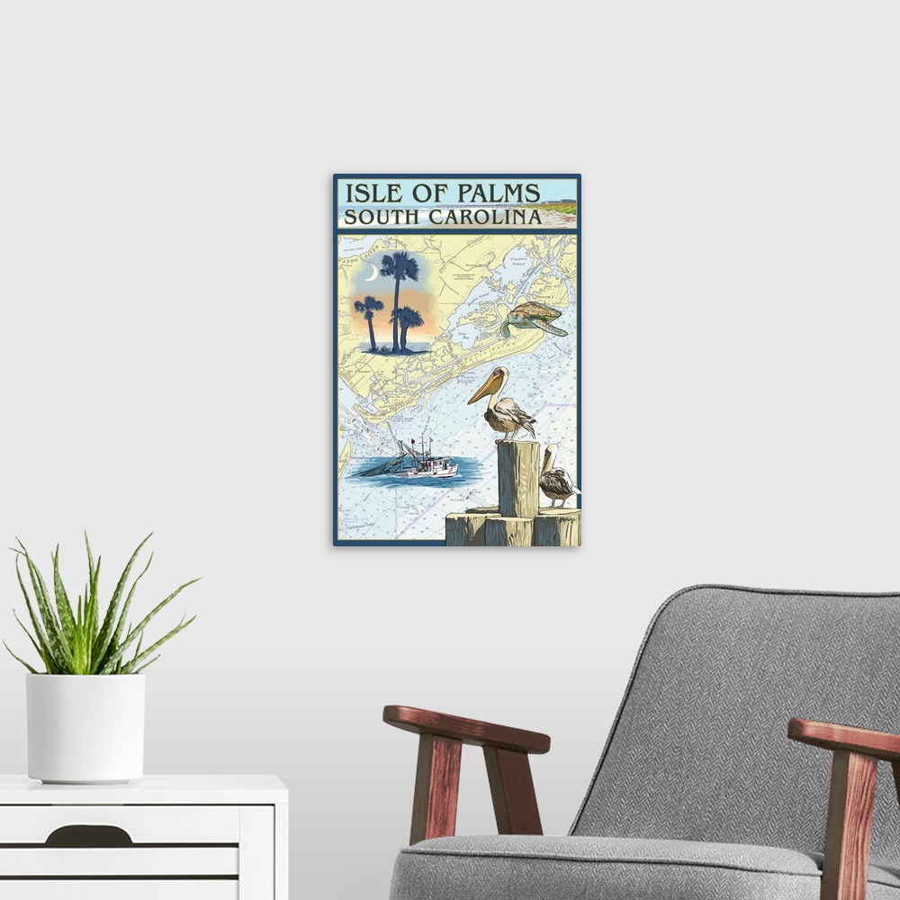 A modern room featuring Isle of Palms, South Carolina - Nautical Chart: Retro Travel Poster