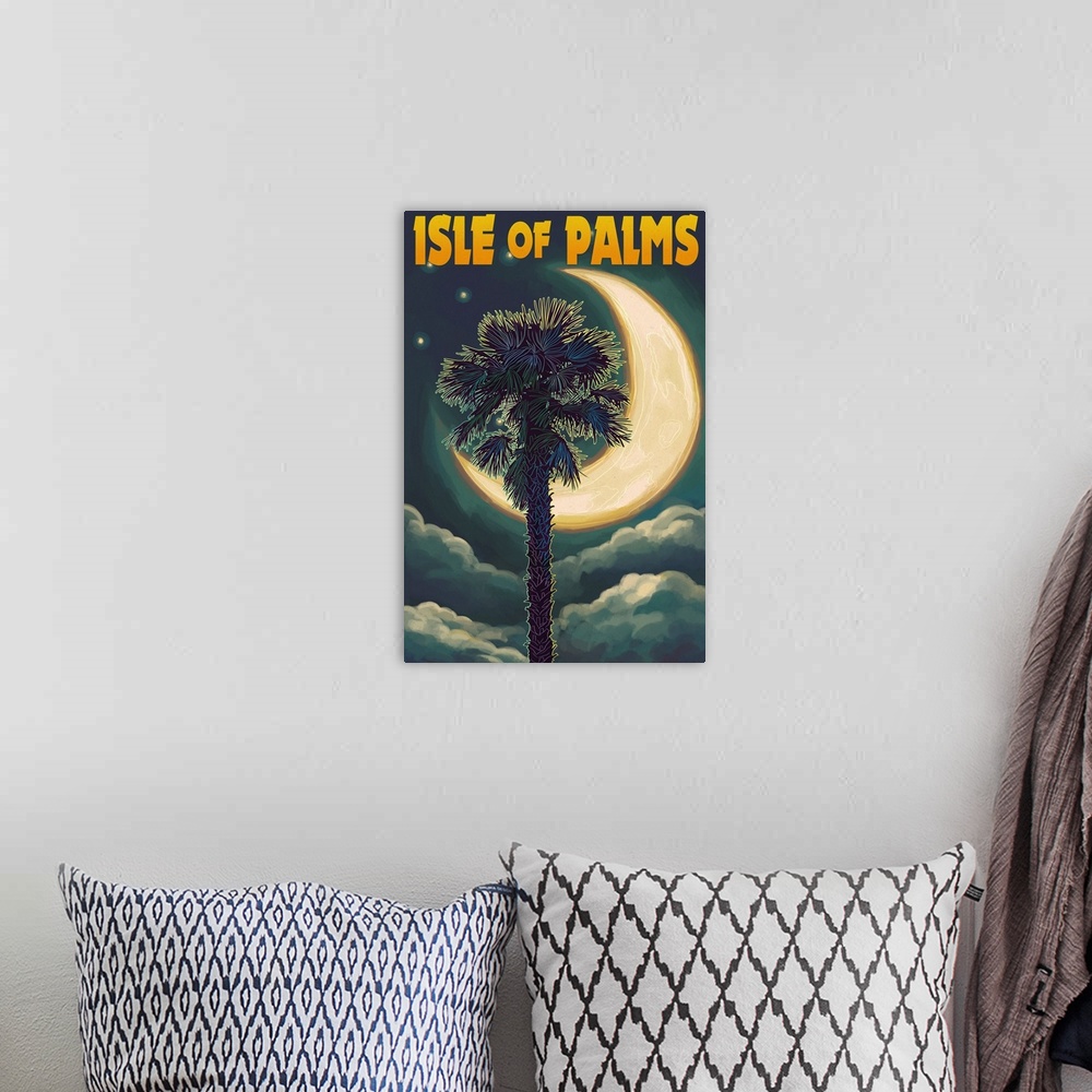 A bohemian room featuring Isle of Palms, South Carolina - Palmetto Moon and Palm: Retro Travel Poster