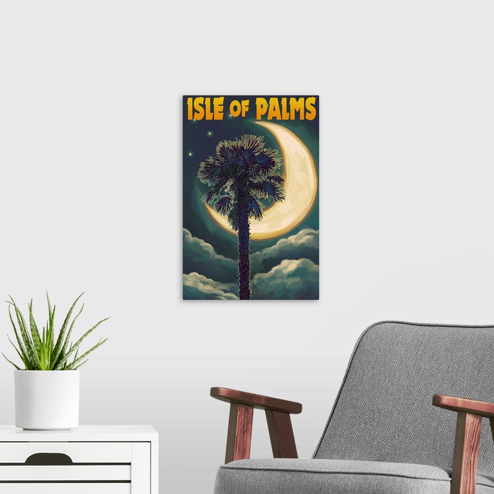 A modern room featuring Isle of Palms, South Carolina - Palmetto Moon and Palm: Retro Travel Poster
