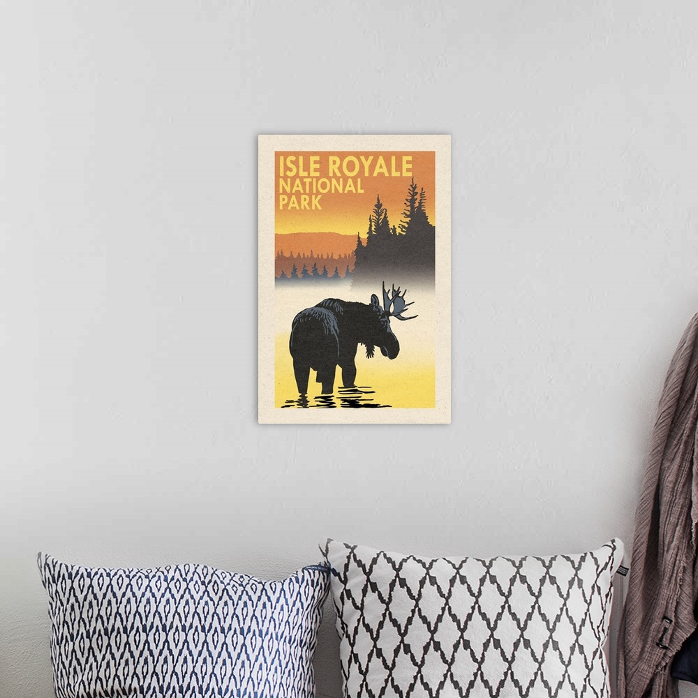 A bohemian room featuring Isle Royale National Park, Moose Silhouette: Retro Travel Poster