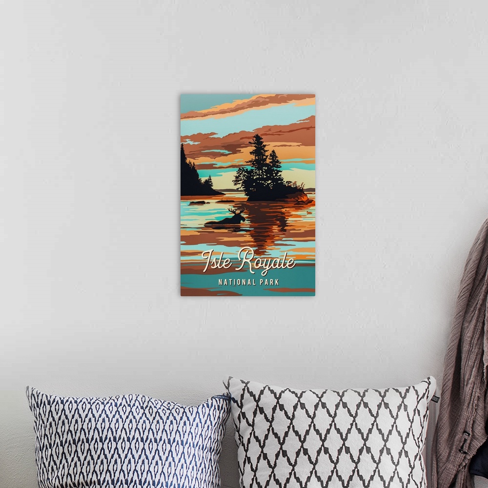 A bohemian room featuring Isle Royale National Park, Moose Swimming: Graphic Travel Poster