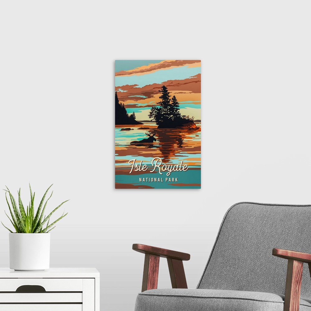 A modern room featuring Isle Royale National Park, Moose Swimming: Graphic Travel Poster