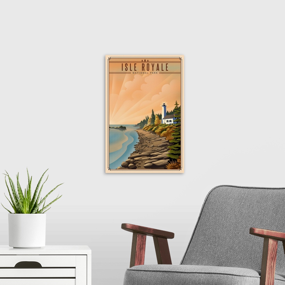 A modern room featuring Isle Royale National Park, Rock Harbor Lighthouse: Retro Travel Poster