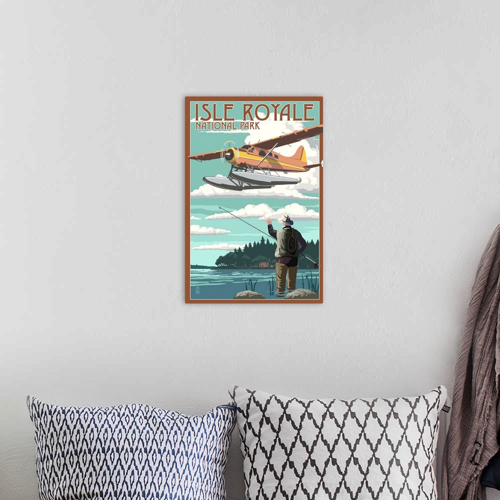 A bohemian room featuring Isle Royale National Park, Seaplane Over Fisher: Retro Travel Poster
