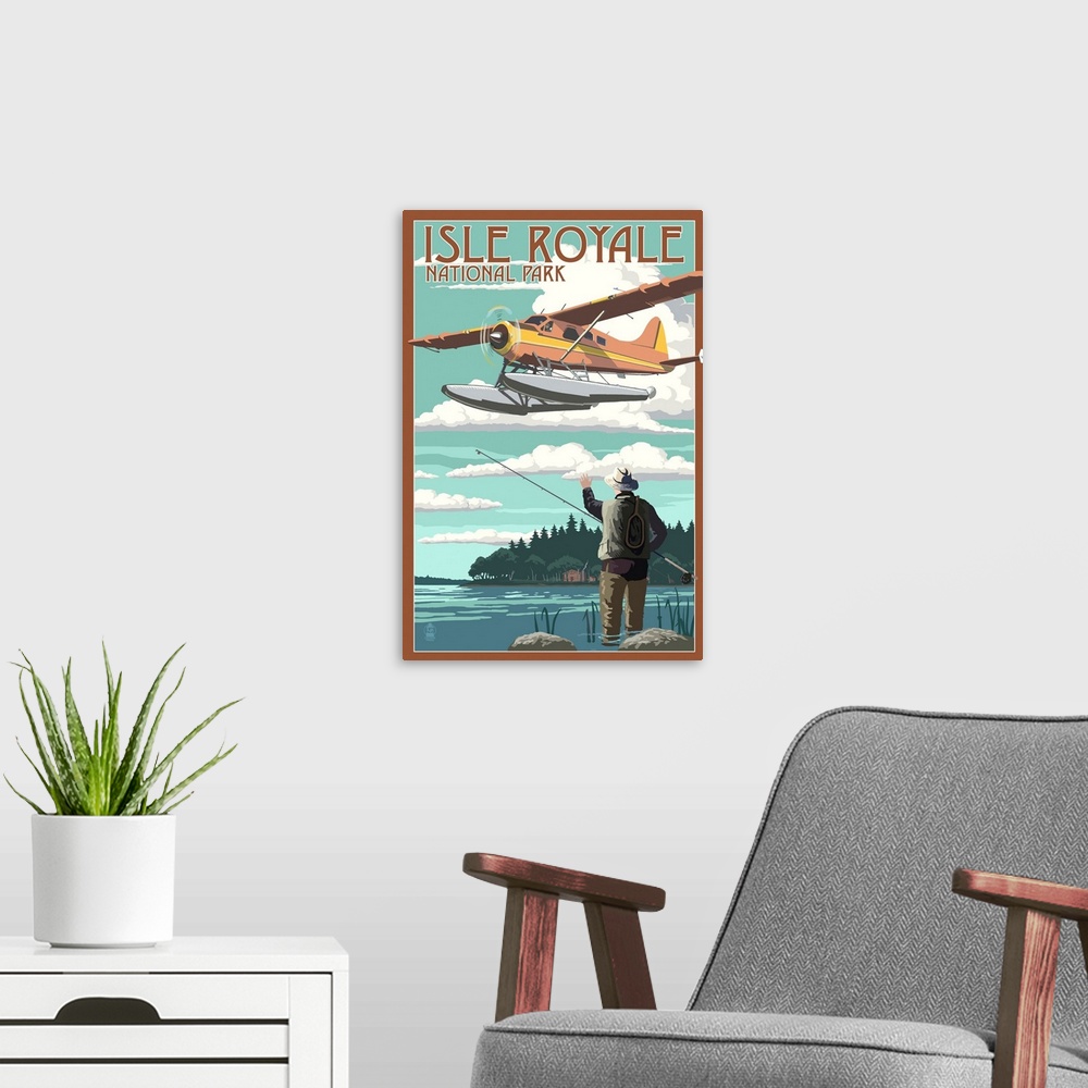 A modern room featuring Isle Royale National Park, Seaplane Over Fisher: Retro Travel Poster