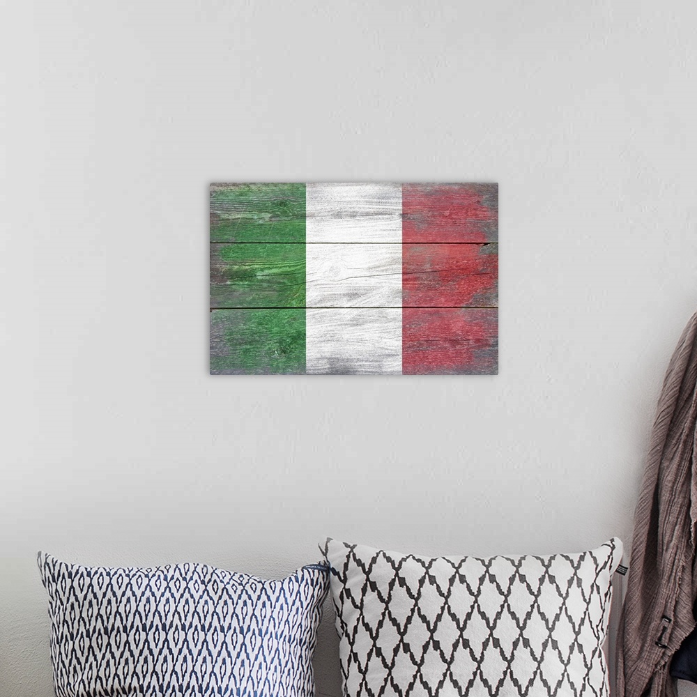 A bohemian room featuring The flag of Italy with a weathered wooden board effect.