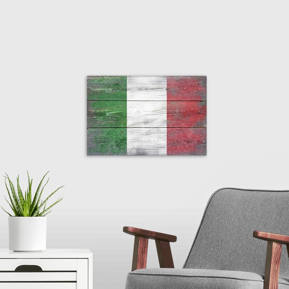 A modern room featuring The flag of Italy with a weathered wooden board effect.