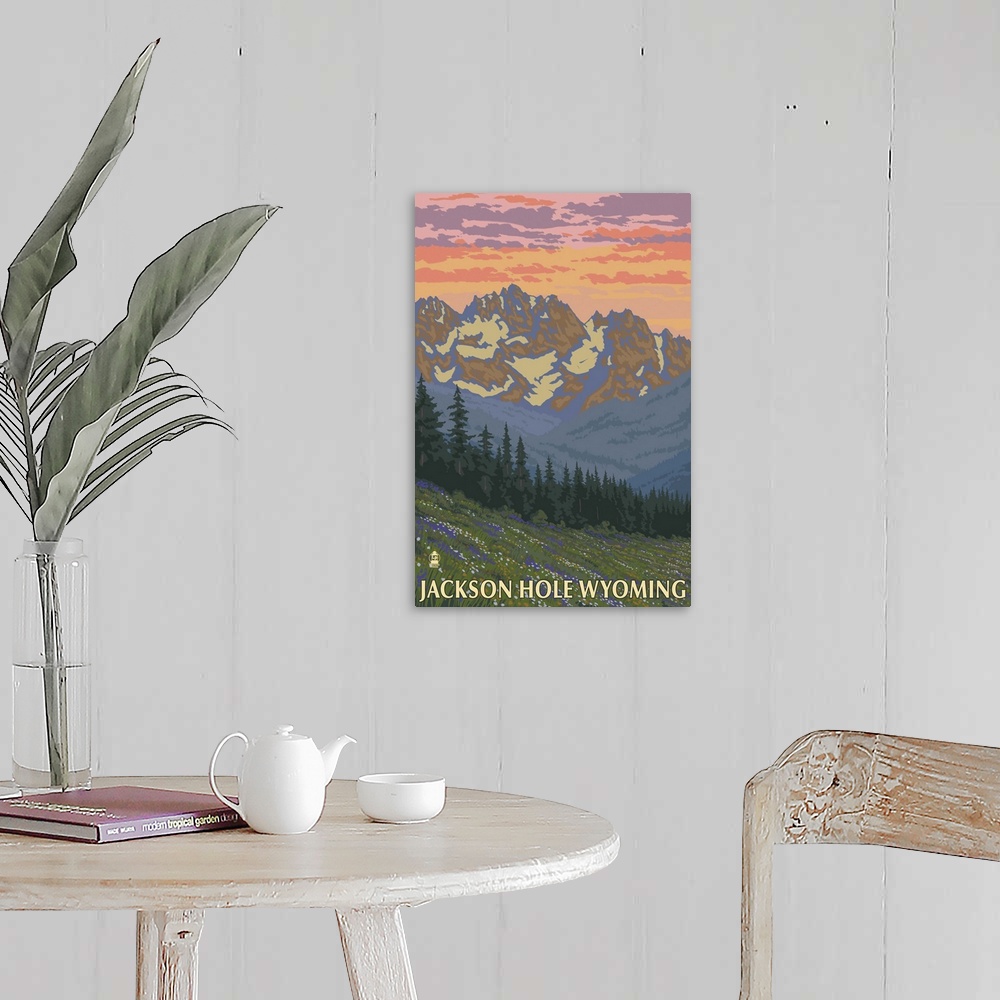 A farmhouse room featuring Jackson Hole, WY - Spring Flowers: Retro Travel Poster