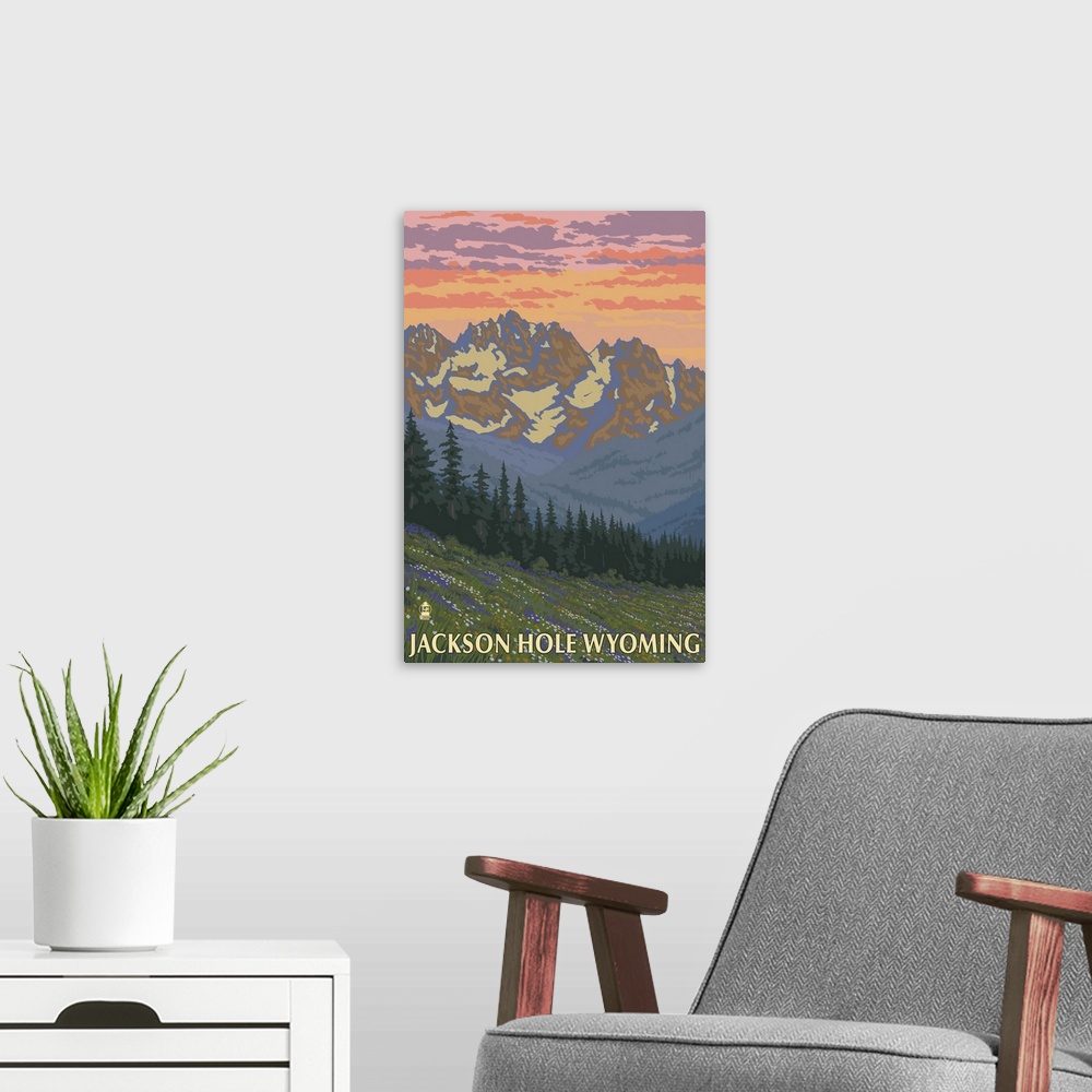 A modern room featuring Jackson Hole, WY - Spring Flowers: Retro Travel Poster