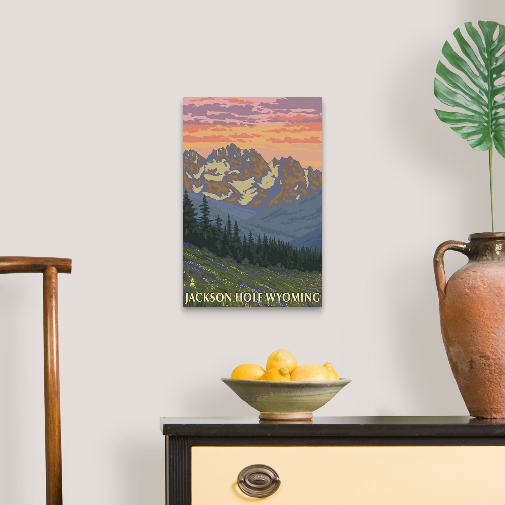 A traditional room featuring Jackson Hole, WY - Spring Flowers: Retro Travel Poster