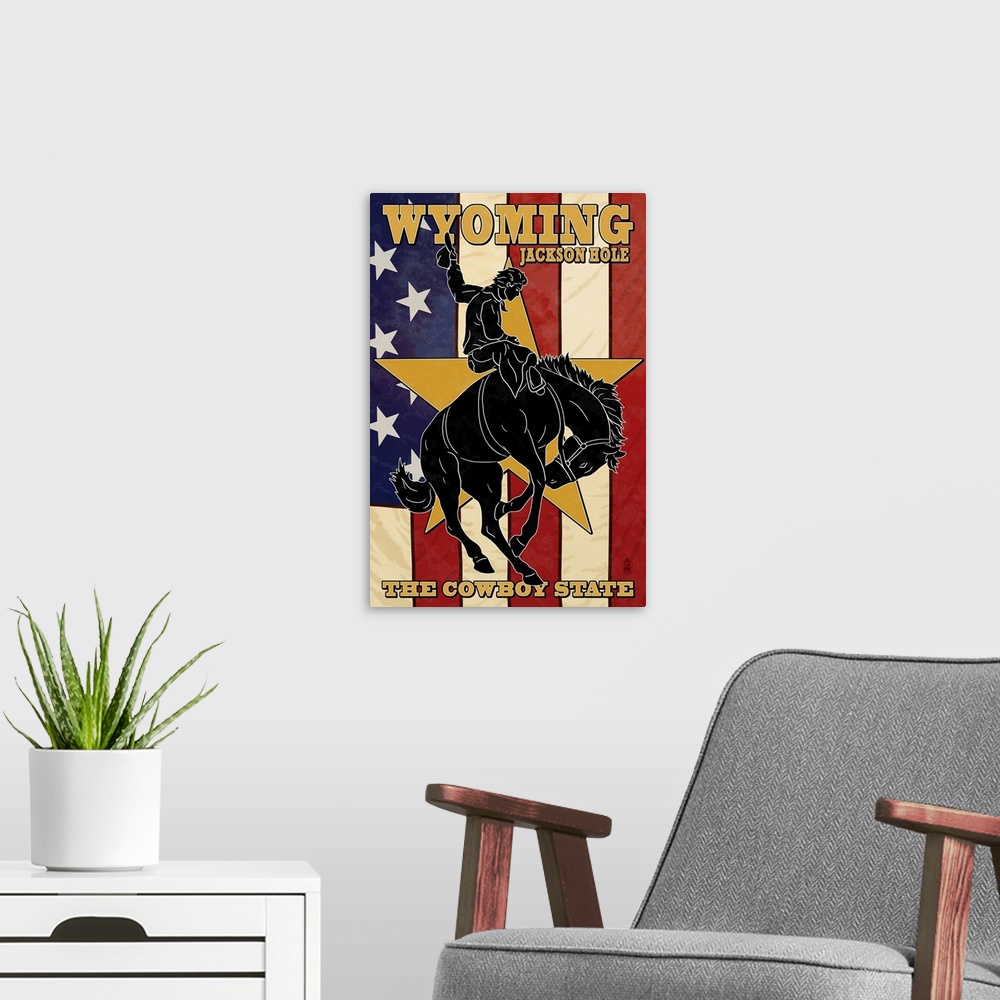 A modern room featuring Jackson Hole, Wyoming - Bronco and Star: Retro Travel Poster